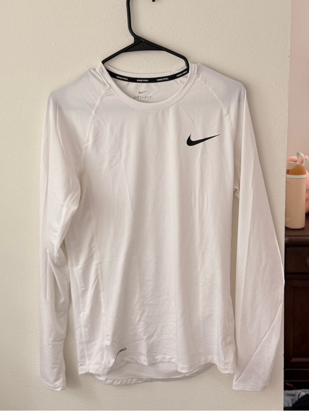 Nike White and Black Pro Dri-FIT Long Sleeve Top